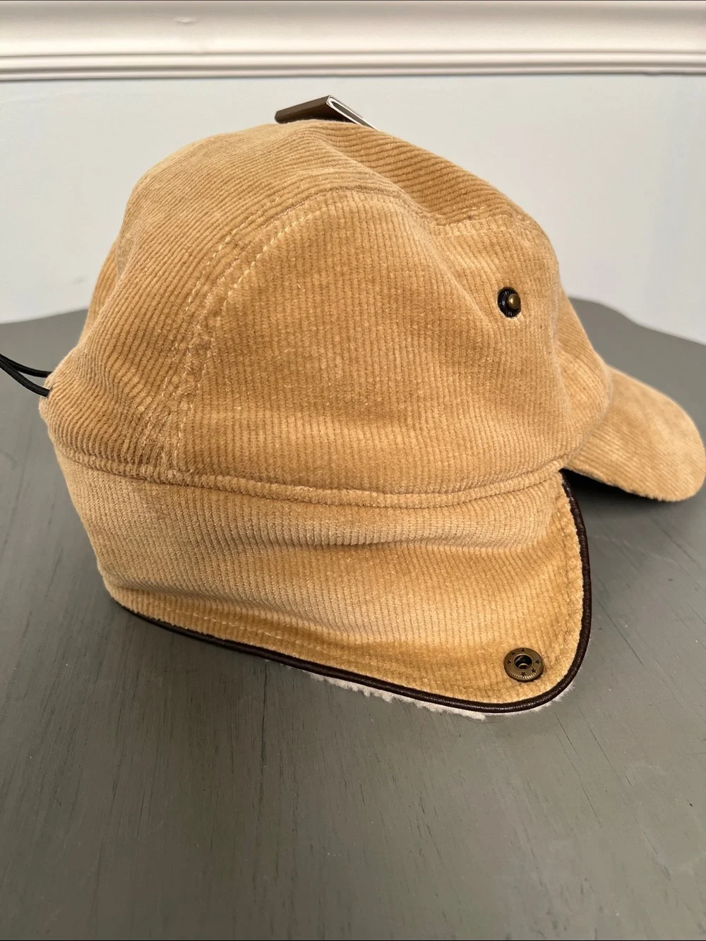 Scala Corduroy Earflap Cap in Tan with Cream Shearling